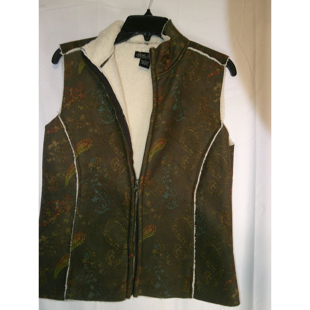 North River Outfitters Paisley Sherpa Lined Vest Olive Green Zip-Up Winter Small